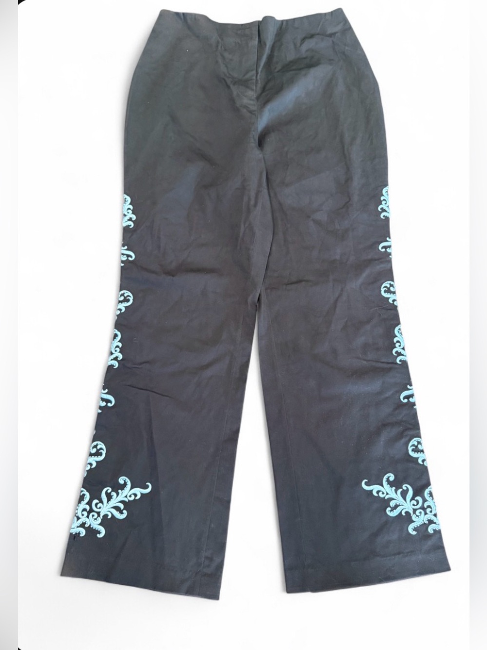 Victor Costa Black Pants with Teal Scroll Embroidery